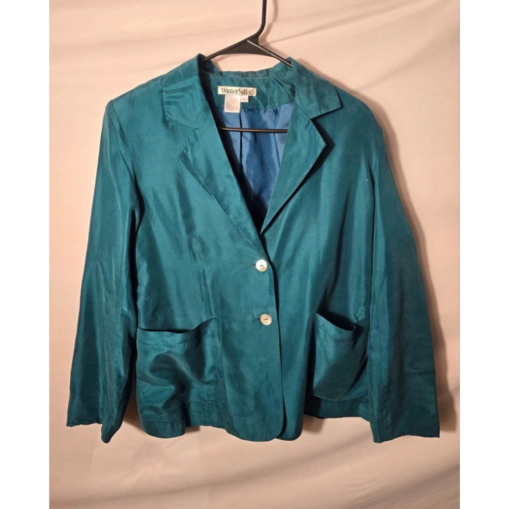 Women’s Green Silk Blazer Suit Jacket scandi Classic Office PL Petite L Large